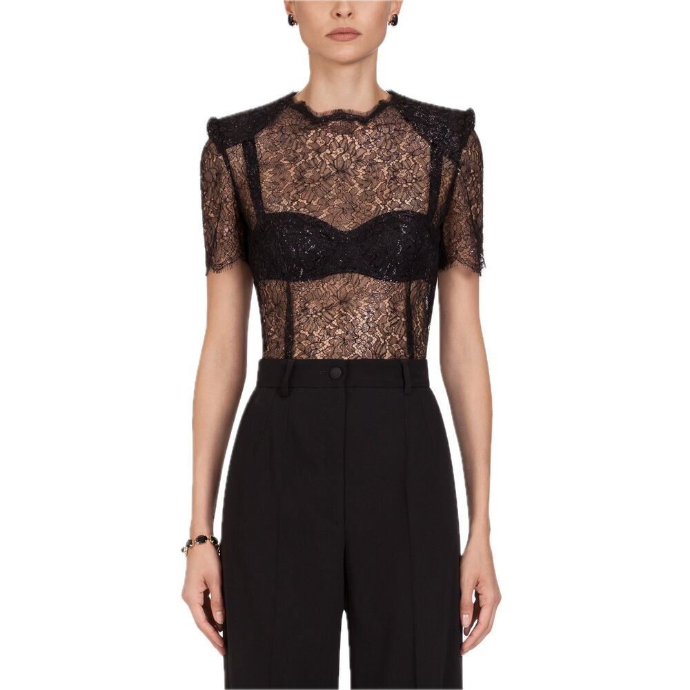NWT Dolce & Gabbana Black Short sleeve Lame Lace Top Blouse IT 42 M